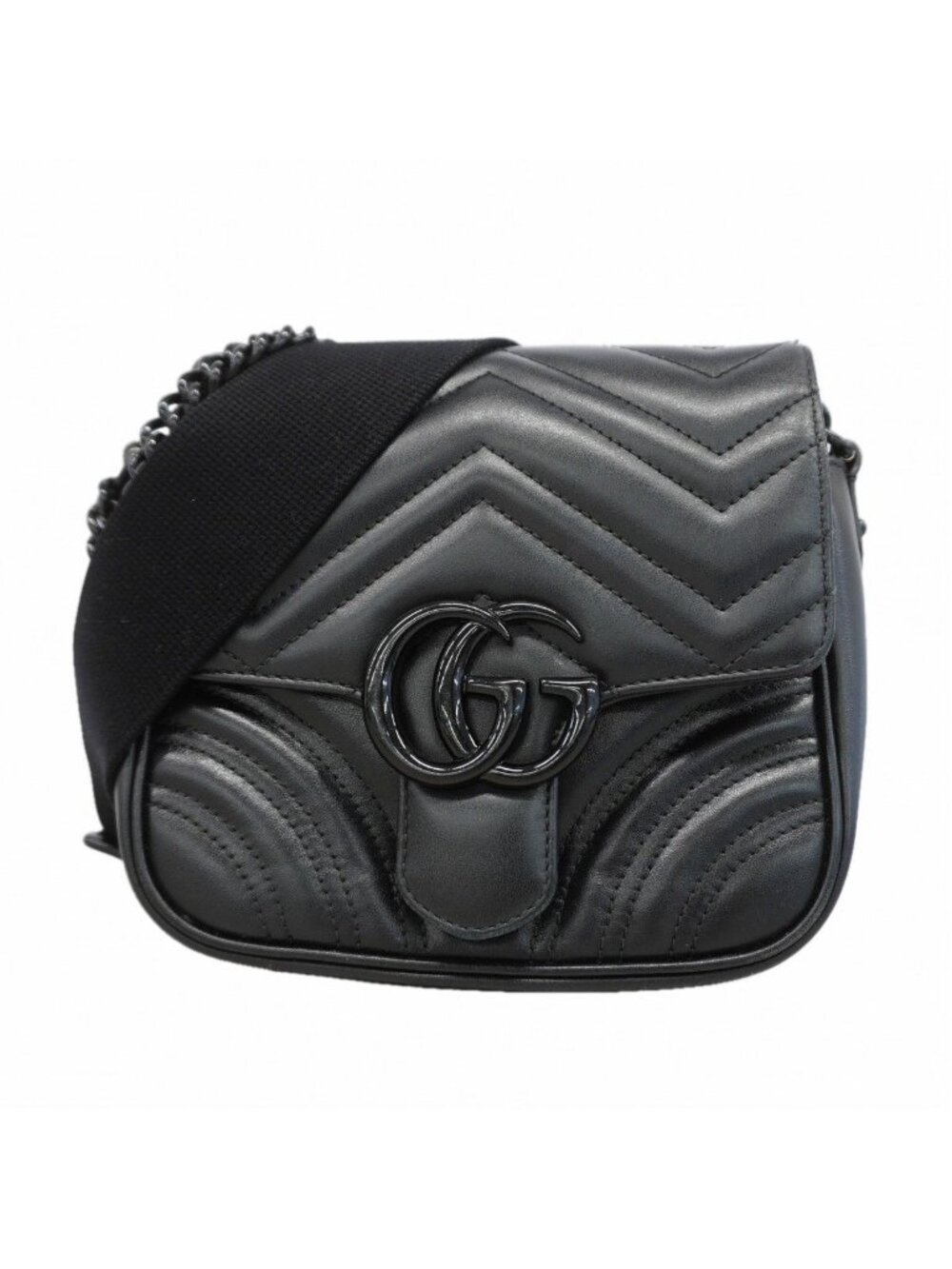 Gucci Handbag GG Marmont Leather Black Silver 2-Way